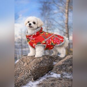 Snowrap Winter Dog Coat Fleece Lined Red Floral‎ XS